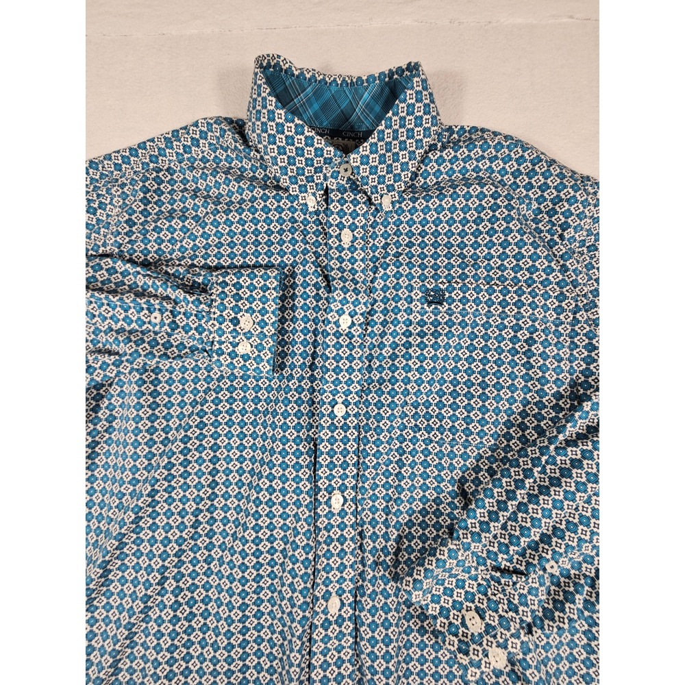 Cinch‎ Mens Blue Geometric Tile Print Western Button Down Shirt MTW1104840 Small